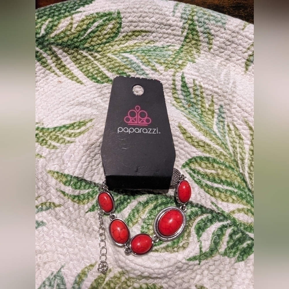 Paparazzi Red Stone Silver Bracelet Adjustable Clasp‎ Oval Circle Jewelry